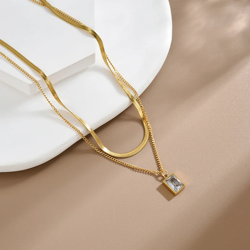 

New 925 Sterling Silver Double Layer Necklace Charm Simple Style Square Pendant Choker Birthday Gift for Women Exquisite Jewelry
