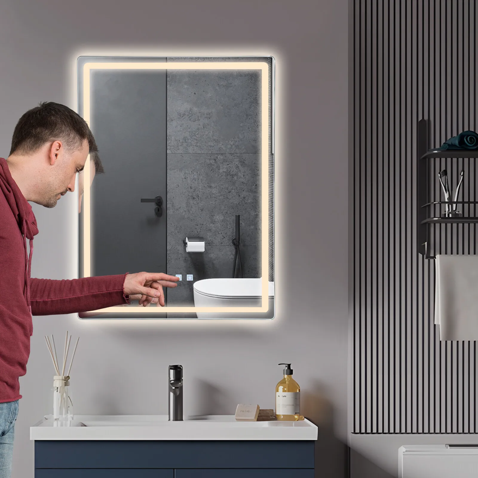 Badezimmerspiegel, rechteckiger LED-Badezimmerspiegel mit Holzrahmenverpackung und Anzeige von Zeit und Temperatur, Touch-Schalter neu.