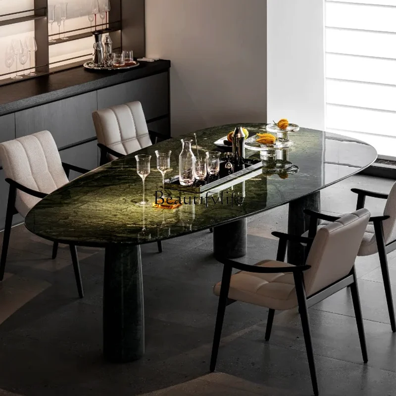 Natural green oval dining table Modern simple Italian luxury stone round dining table