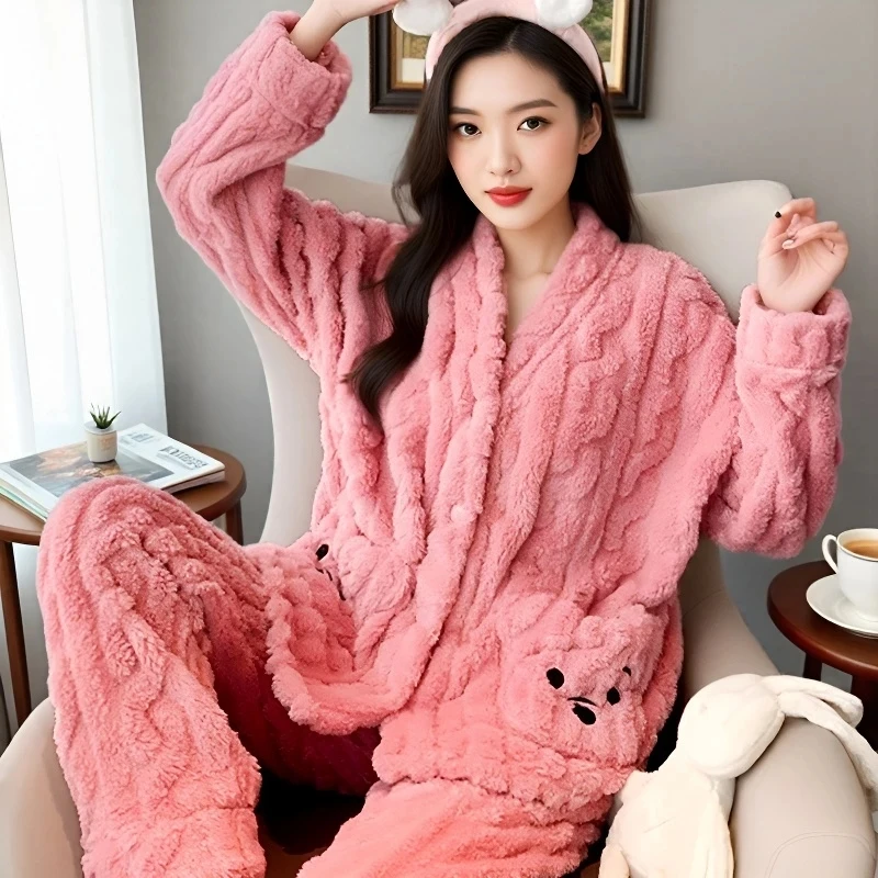 

New Women's Autumn and Winter Warm Pyjamas Homewear Suit Coral Velvet Pajamas Girls Padded Thickened Sweet Flannel Homewear