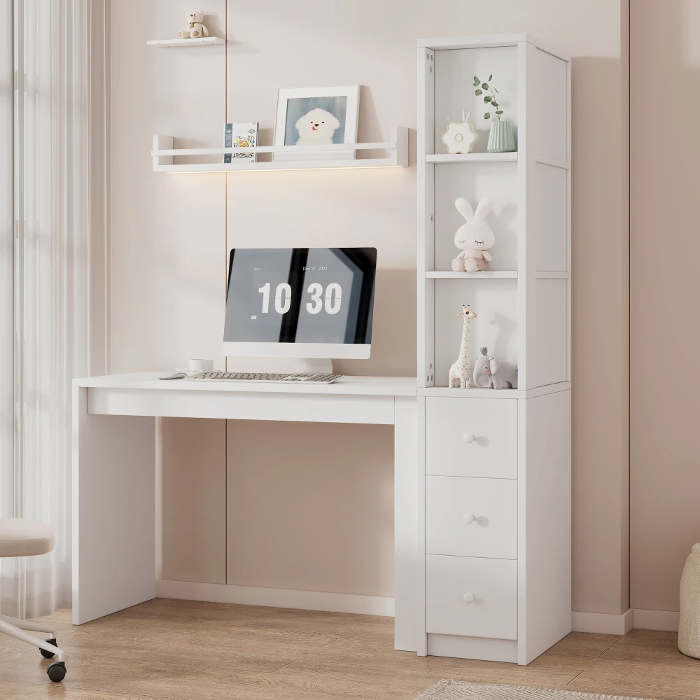 Bureau d'ordinateur 150x50x180cm avec étagère et tiroirs, bureau d'écriture blanc avec rangement latéral, poste de travail moderne pour bureau à domicile