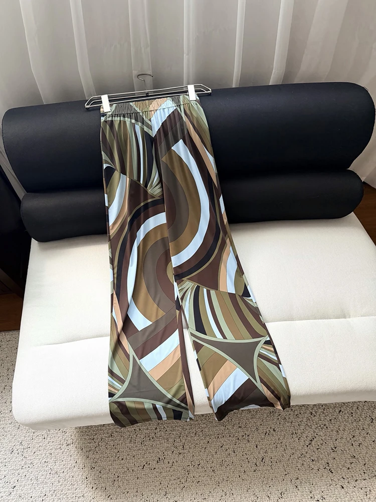 Spring Summer Fashion Vintage Geometric Pattern Print Wide Leg Trousers Women's Elastic Waist Pockets Straight Barrel Pants