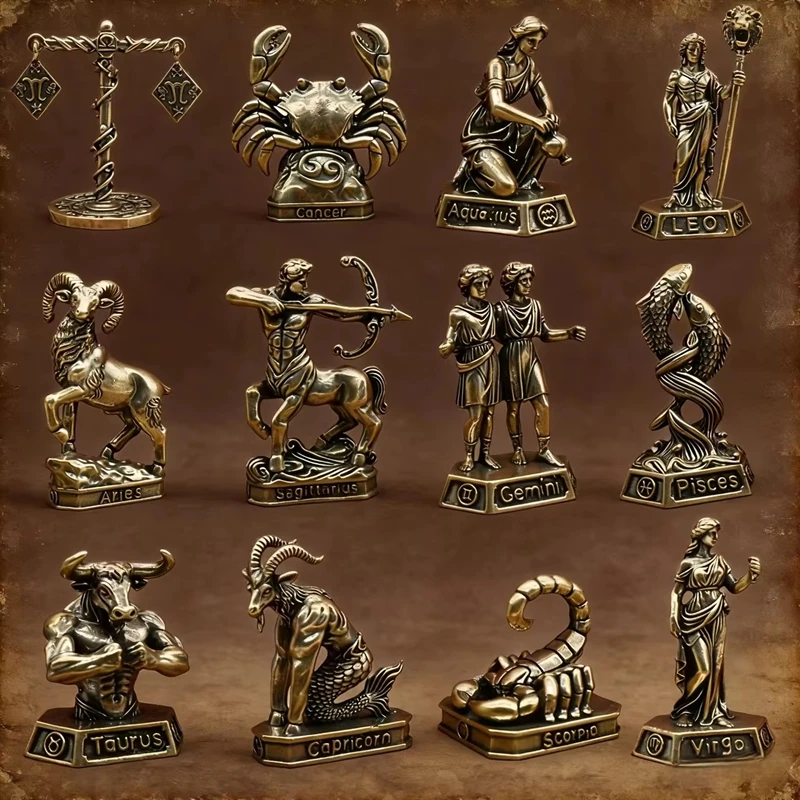 Handmade Brass Zodiac Signs Vintage Constellation Statues Twelve Constellation Creativity Desktop Handicrafts Ornaments Giftable