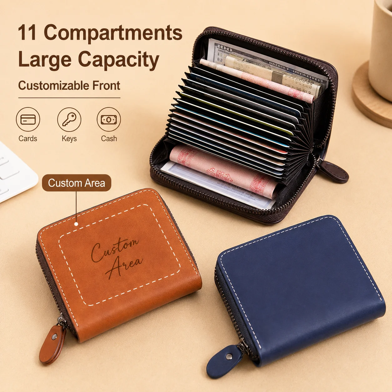 Custom Name Leather Wallet 11-Compartment Credit Card Holder Zipper Organizer Compact Card Cash Storage Case