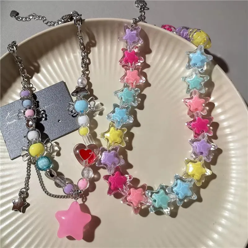 Y2K Übertreibung Transparent Acryl Bunte Harz Stern Anhänger Perlen Halsband Halsband Halskette Charme Schmuck Zubehör