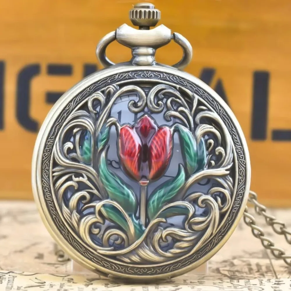 New Bronze Vintage Pocket Watch Enamel Flower Hollow Carved Case Pendant Watch Rhinestone Inlay Flower Pocket Watch Daily Wear