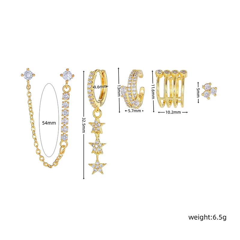 الفاخرة تشيكوسلوفاكيا زركونيا ستار استرخى أقراط للنساء الذهب مطلي سلسلة أقراط مجموعة امرأة ثقب الأزياء والمجوهرات هدية الإكسسوار #6