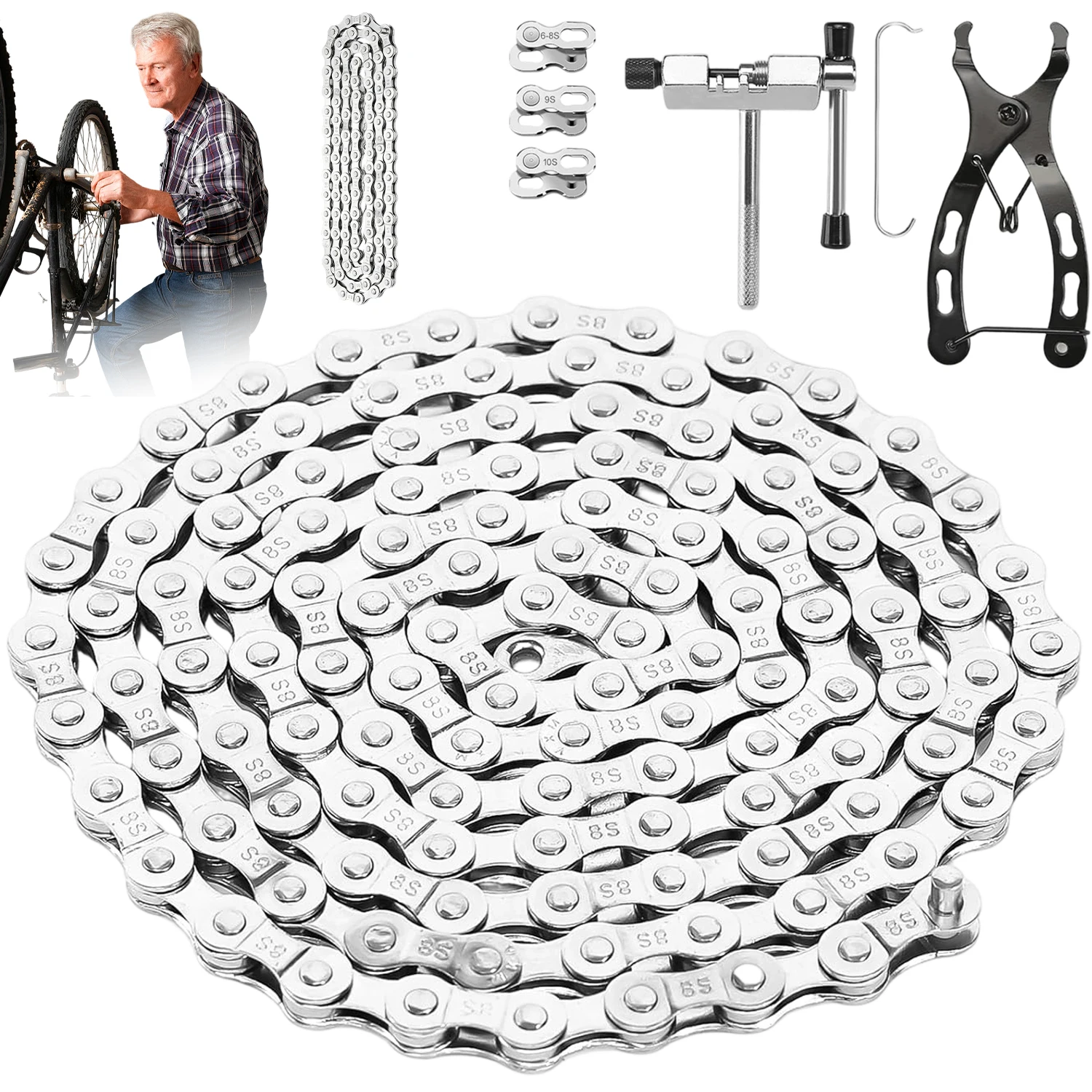 Zestaw łańcucha rowerowego 116-ogniwowy, 6/7/8-rzędowy, zawiera przecinak do łańcucha/klucze do łańcucha/narzędzie do demontażu wolnobiegu. Odpowiedni do rowerów szosowych i górskich [zawiera klipsy