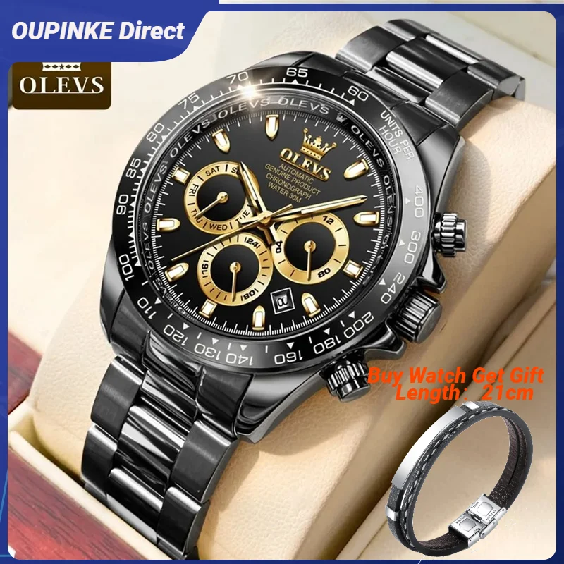 

OLEVS 6638 TOP Men's Watches Full Black Stainless steel Black Gold Trend Wristwatch Multifunctional Automatic Watches for Man