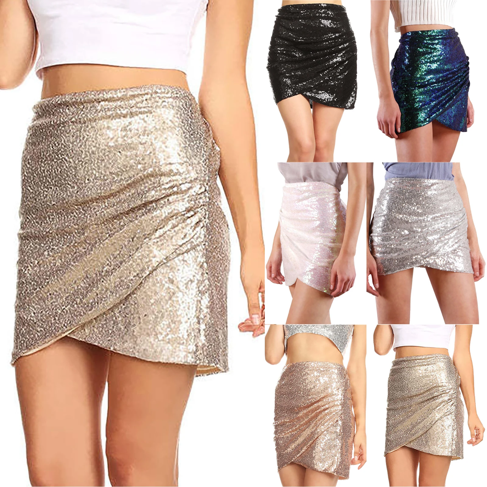 Women's Sequin Skirt Short Sexy Skirt Hip Mini Skirt Woman Fashion Shiny Glitter Skirt Elastic Waist Party Skirt Carnival Skirt