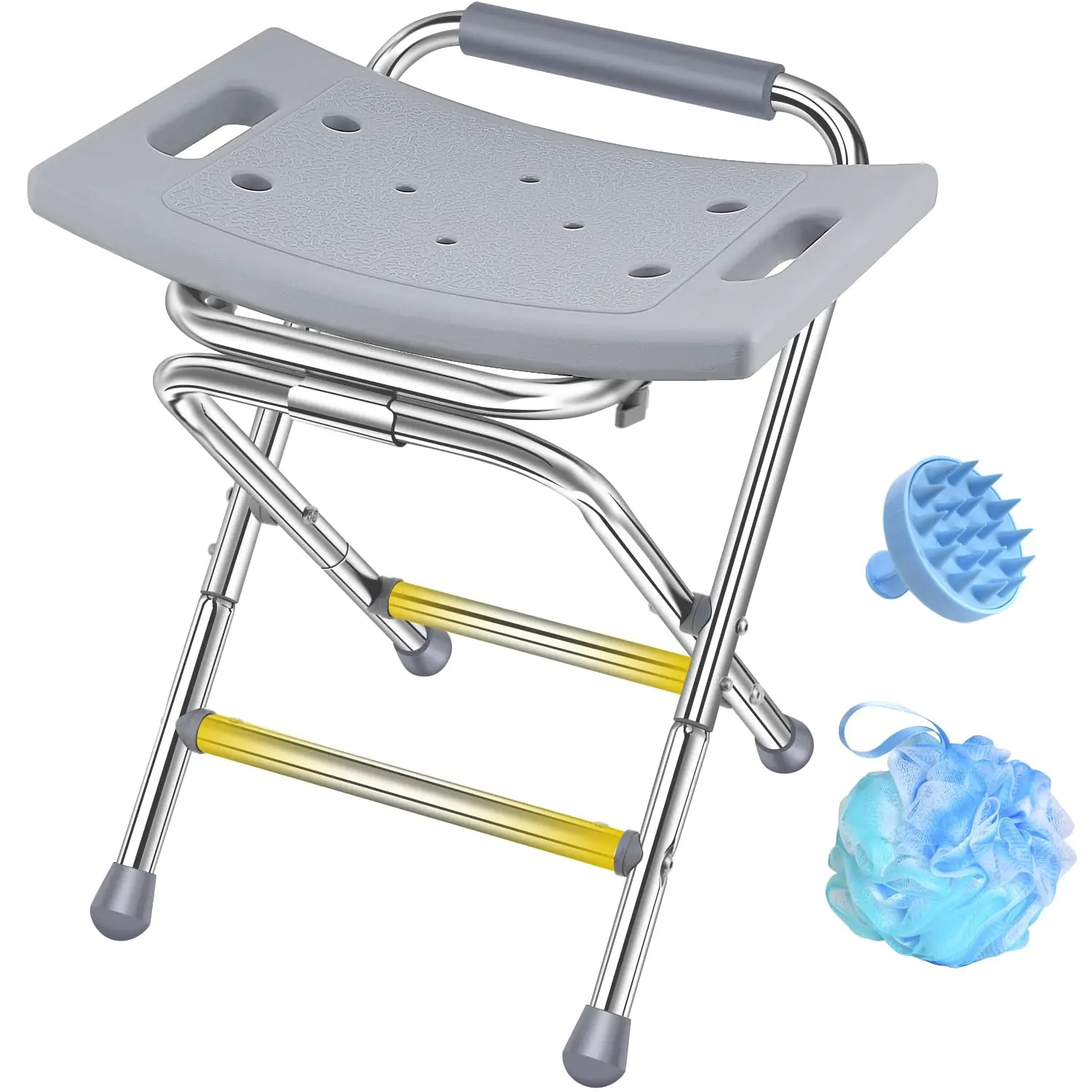 

Gray Foldable Shower Stool With Backrest, 400 Lbs Capacity, Stainless Steel Frame, Portable For Bathroom Use