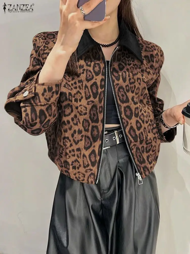 

ZANZEA Womens Leopard Print Short Jackets Autumn Fashion Turn-Down Collar Long Sleeve Zip-Up Outerwear Trendy Stylish Streetwear