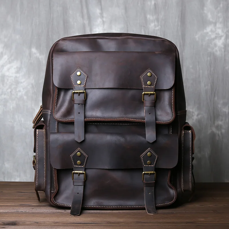 New Retro Crazy Horse Leather Backpack Men\'s Top Layer Leather Backpack Casual Outdoor Travel Bag Tide