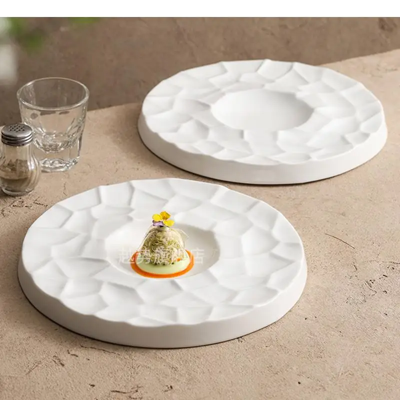 Pure White Irregular Texture Ceramic Dinner Plate Restaurant Dessert Snack Sushi Pasta Plates Specialty Tableware