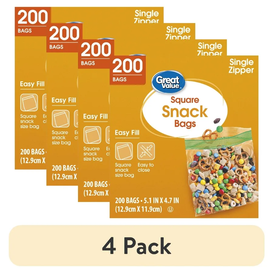 

(4 pack) Fresh Seal Zipper Square Snack Bags, 200 Count