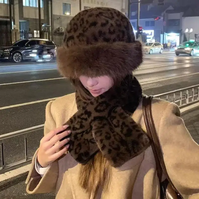 1/2Pcs Retro Leopard Print Plush Basin Hat Women Autumn Wint