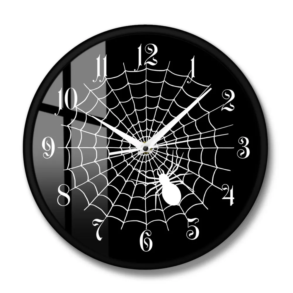 Spider Web Black Quartz Wall Clock Halloween Party Signs Horror Spider Web Cobweb Wall Decor Modern Wall Watch Silent Movement