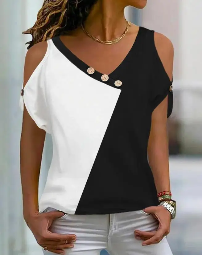 

Black and White Color Blocking Button Decoration V-Neck Cold Shoulder Summer Top Versatile Design Fashionable Short Sleeves