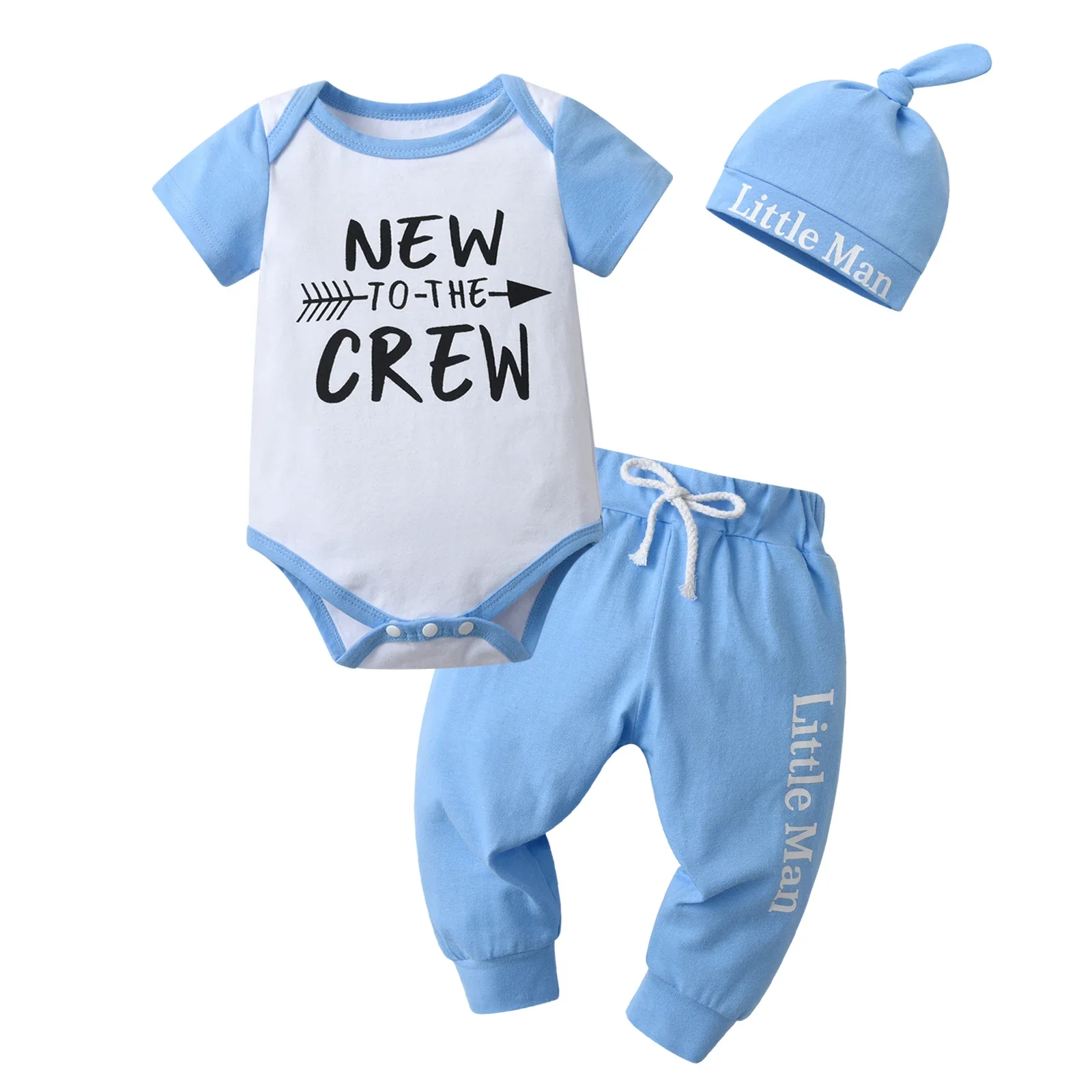 New Summer Newborn infant Baby Boy Fashion Clothes Set Patchwork Short Sleeve Romper Top and Long Pants with Hat 3PCS Outfit