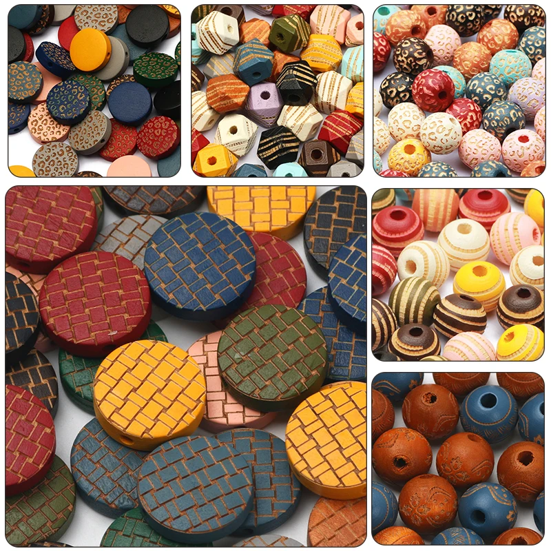 Multicolor Wood Beads With Carved Pattern 10-20mm Natural Wooden Beads For Jewelry Making DIY Jewelry Beads Handmade Accessories