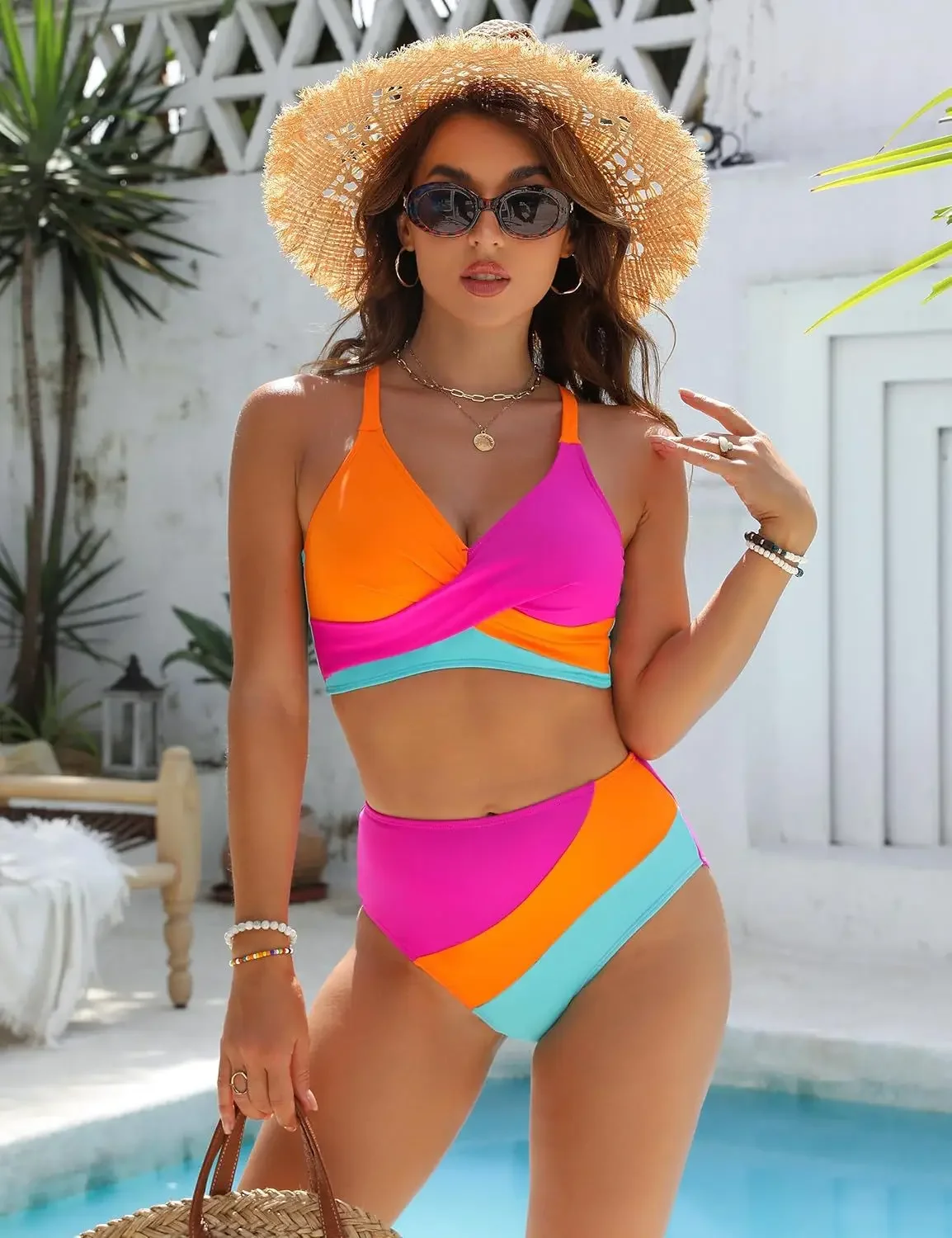 Costume da bagno intero vintage arancione patchwork 2025 Costume da bagno da spiaggia da donna sexy push up imbottito a vita alta