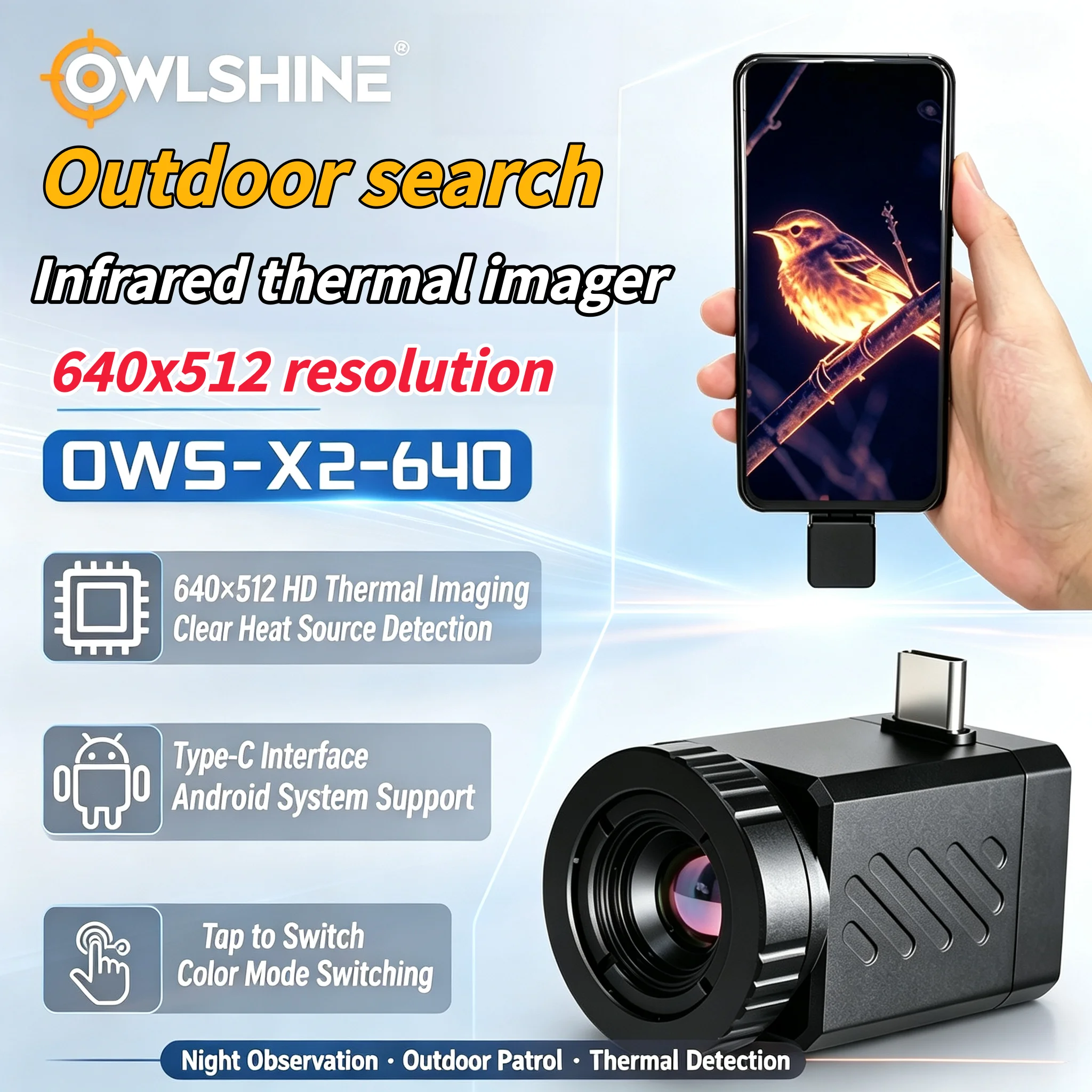 Owlshine OWS-X2-640 Infrared Thermal Imager, 640x512 Resolution, 9.1mm Lens, Android-Compatible, Outdoor Search Thermal Camera