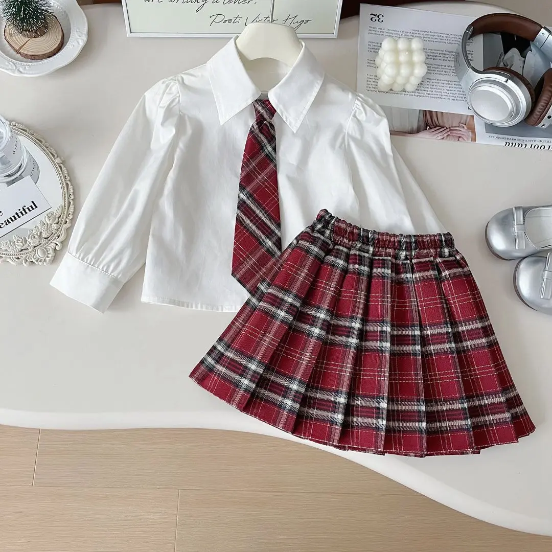Girls' College Style  Knitted Vest + Shirt + Pleated Skirt Three-piece Set 2-7yrs