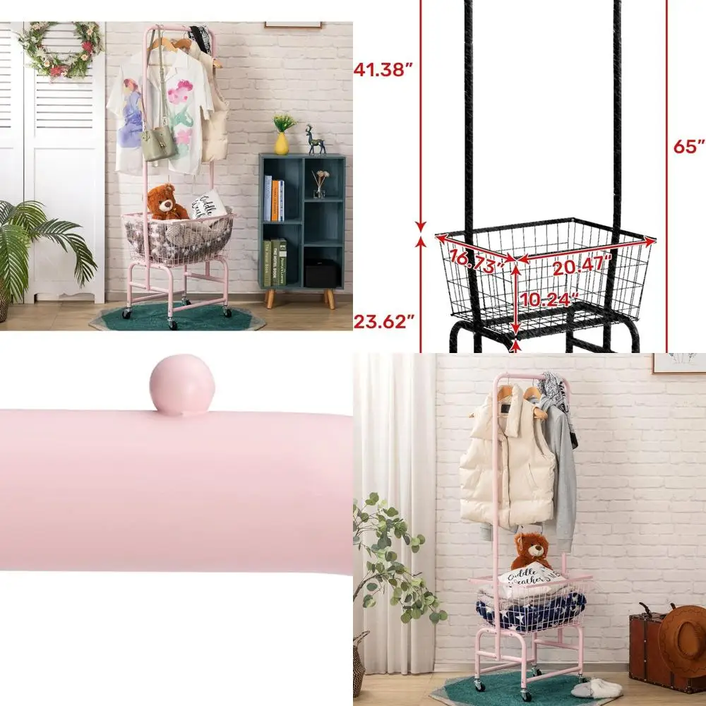 

Розовая тележка для белья на колесиках с проволочной вешалкой для одежды и хранилищем