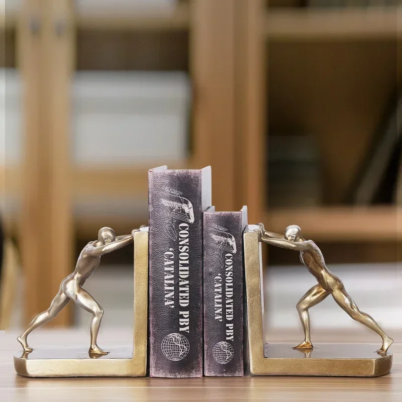 1 Pair Decorative Book Shelf Bookends, Golden Man Pushing Book Support Ornaments Resin Craft for Home Cabinet