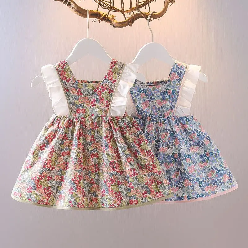 Baby's Summer Lotus Leaf Skirt Shoulder Strap Skir Butterfly Knot Floral Cotton Girls' Dress Sweat Absorbing Breathable Clothing