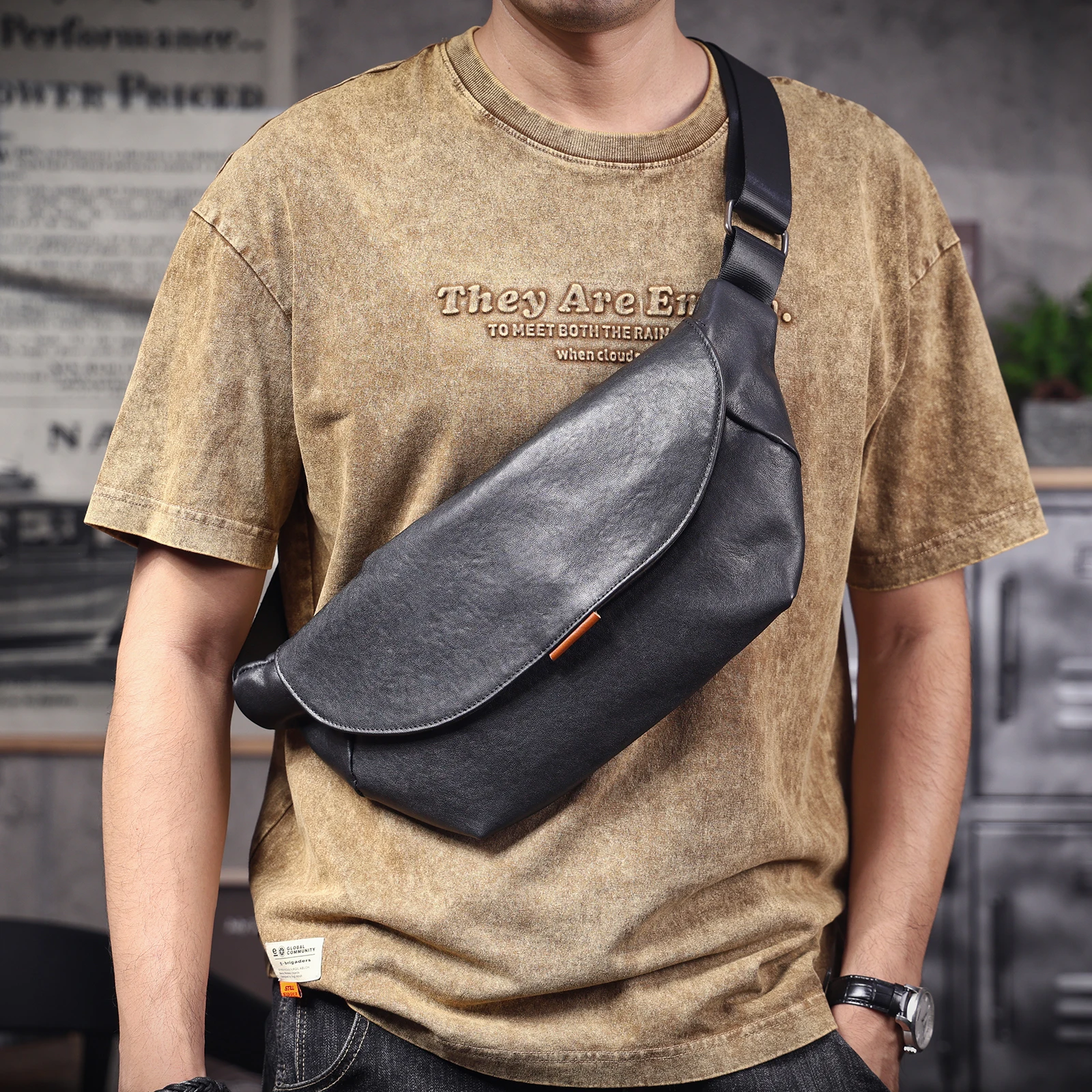 S.WORKER Herren-Umhängetasche aus echtem Leder, Umhängetaschen, einfache Rindsledertasche, pflanzlich gegerbtes Oberschichtleder, modisch, lässig – Detail 5