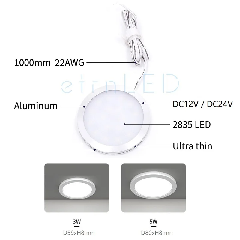 Dimmable Ceiling Spot Indoor Home Led Lamp 12V 24V Thin Round Surface Mounted Light Showcase Display Cabinet RV Camper Van 3W 5W