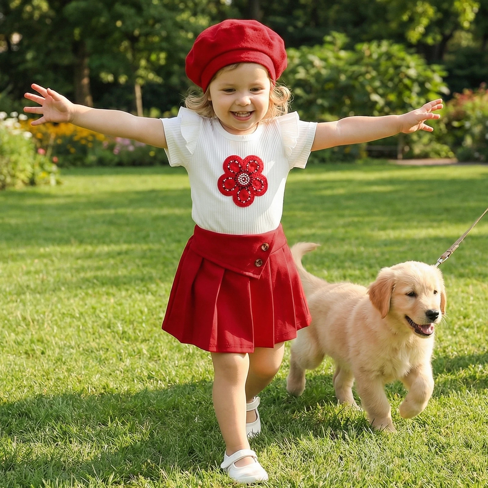 0-3Y Little Girls 3 Piece Outfits Adorable Flower Embroidery Short Sleeve Crew Neck T shirt Tops Ruffled Skirt Beret Set