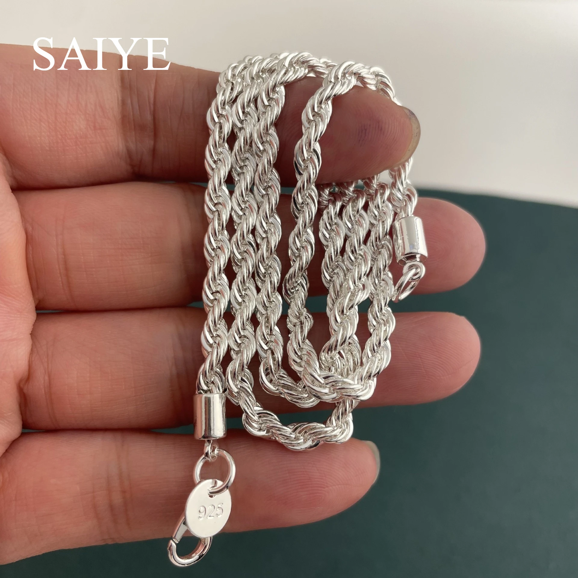 925 Sterling Silver 4MM Twisted Rope Chain Necklace Basic Hip Hop Chain for Men Women Streetwear Jewelry Gift