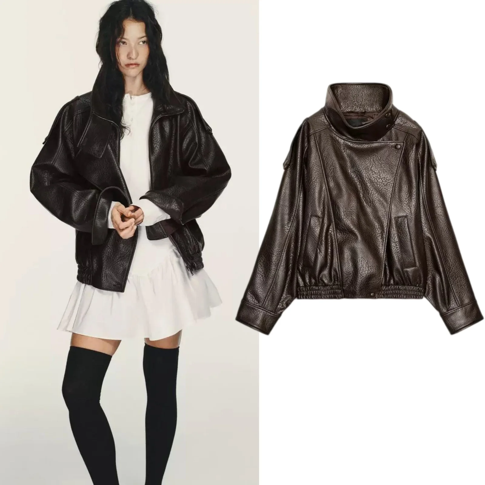 Spring New Women's Loose Long Sleeve Stand Collar Lychee Pattern Faux Leather Jacket Outerwear Polyester Fiber Zipper Closure