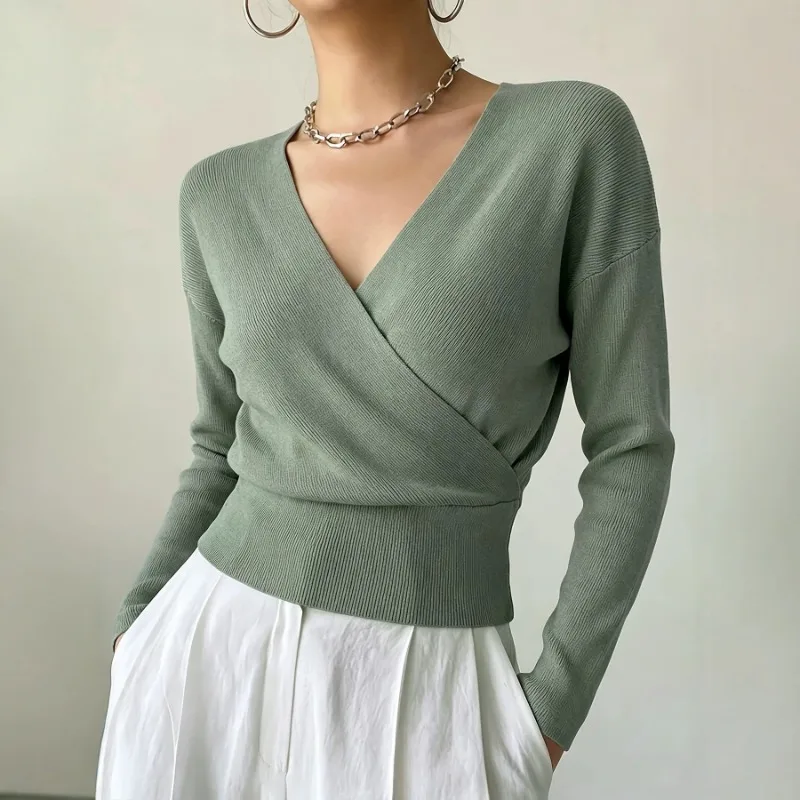 Women Cross V‑Neck Knit Top Long Sleeve Slim Blouse Autumn Winter Solid Color Elegant Wrap Shirt Casual Office Lady Sweater