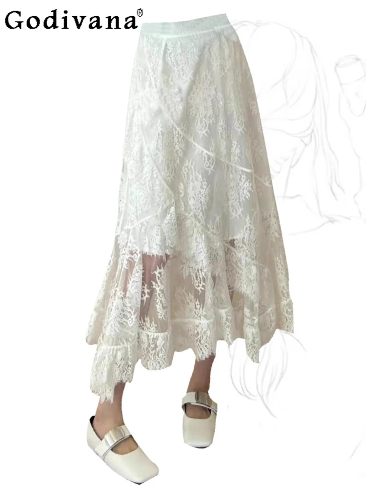 

L-4XL Large Size Spring Summer Heavy Industry Lace Embroidery Irregular Long Skirt Girl Elegant Versatile White Irregular Skirts