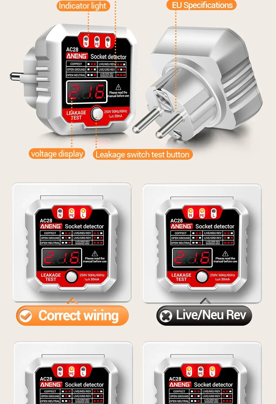 ANENG AC28 Digitaler Steckdosen-Leistungstester, Leistungsschalter-Finder, EU/US-Stecker, 250 V, 50 Hz/60 Hz, Steckdosen-Polaritätsdetektor, Spannungsprüfer – Detail 9