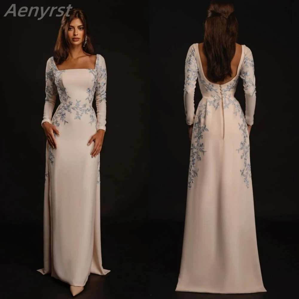 Elegant Prom Dresses Square Collar Long Sleeves Sheath Evening Dress Appliques Flower Vertically Satin Formal Occasion Gowns