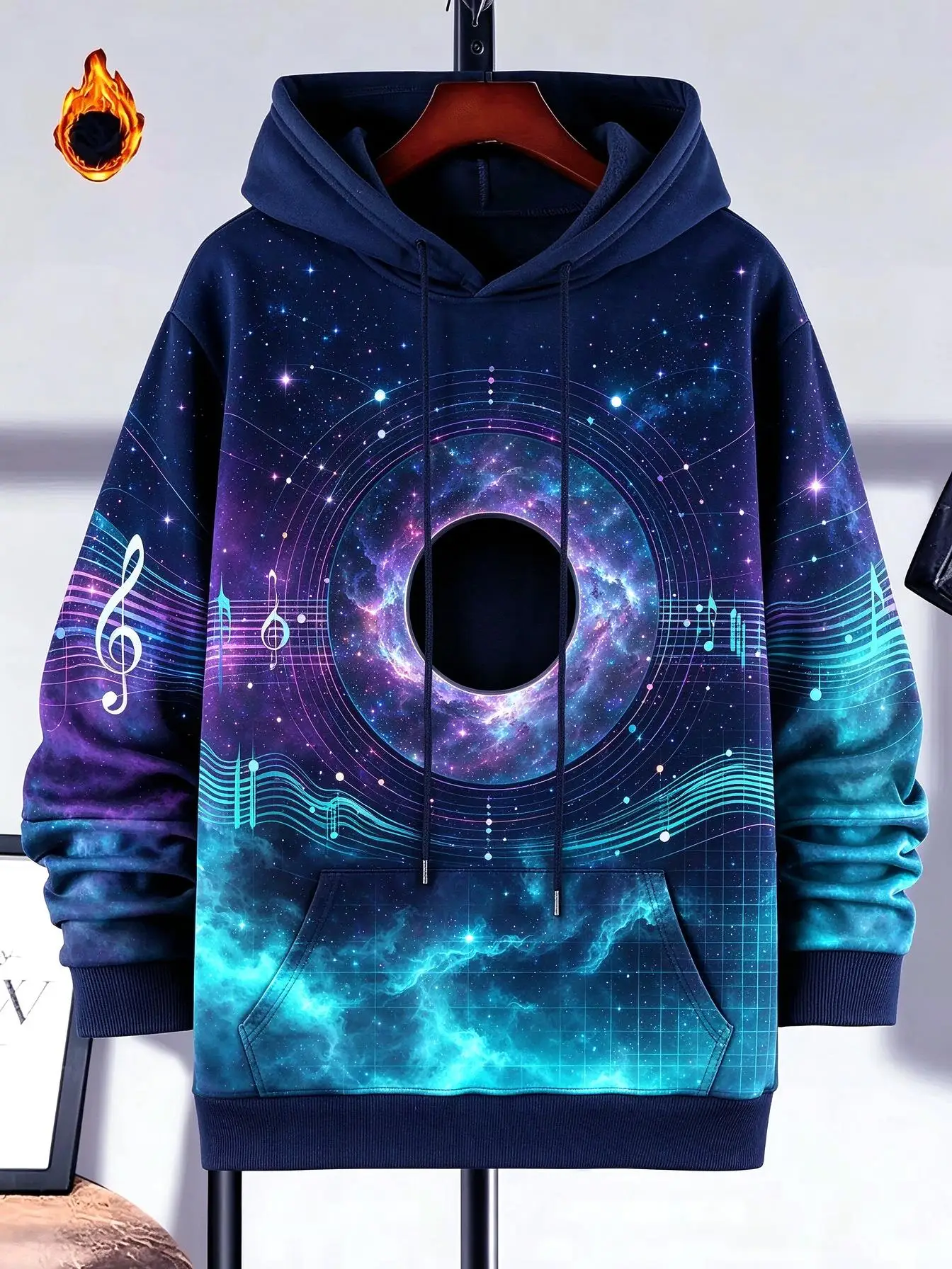 Men's Hoodie Thin Autumn Winter Galaxy Music Note Black Hole 3D Full Print Hooded Pullover Cosmic Space Streetwear Men's Clothes