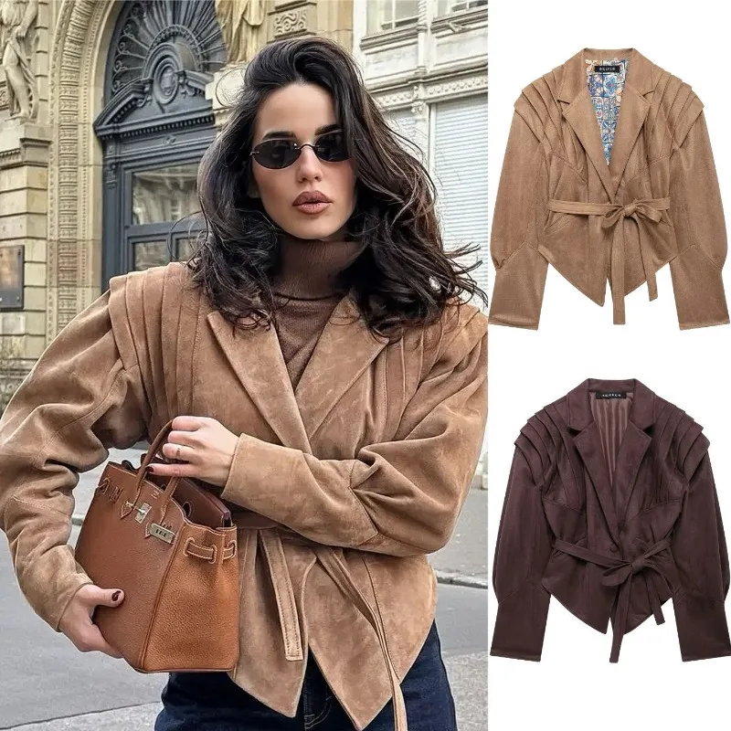 Autumn New Streetwear Fashion. Waistband Shoulder Cushion Deerskin Velvet Jacket for Women Is Elegant Stylish.casual Versatile.