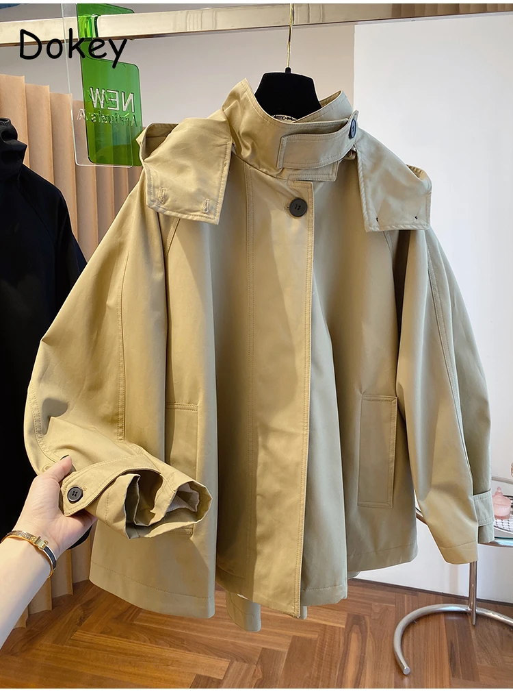 Vintage Khaki Hooded Trench Jacket Women Korean Spring Design Casual Long Sleeves Oversized  Zip Up Jackets Loose Outwear Female