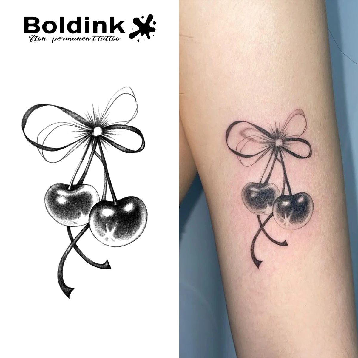 BOLDINK Cherry Bowknot Moisturizing Tattoo Sticker Unisex Fashion Design Colorful Easy Apply Waterproof Lasts 1-2 Week
