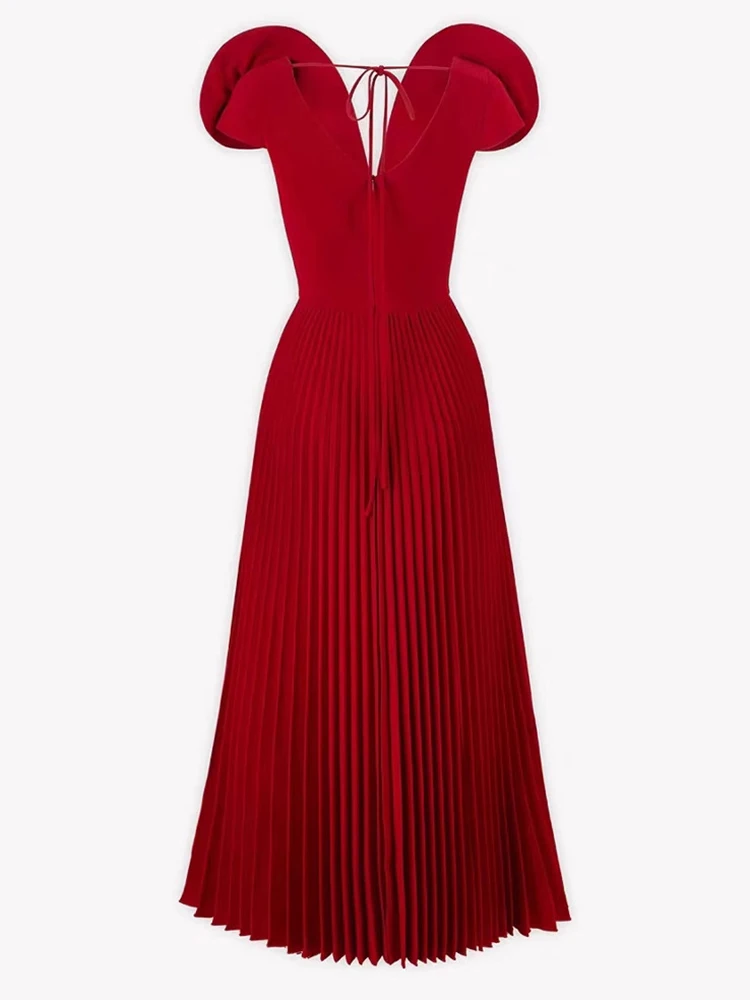 LISM فستان نسائي أنيق على الموضة برقبة على شكل حرف v وأربطة مطوي ثلاثية الأبعاد بدون أكمام فساتين الحفلات المسائية 2025 ربيع جديد المد