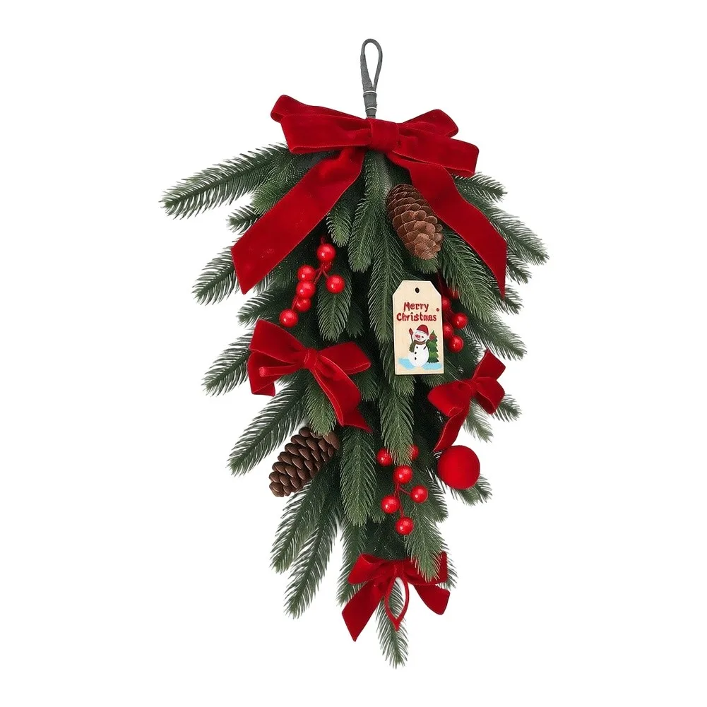 Christmas Teardrop Hanging Decoration 60x35cm with Pine Style Foliage Red Bows Cone and Berry Details for Walls