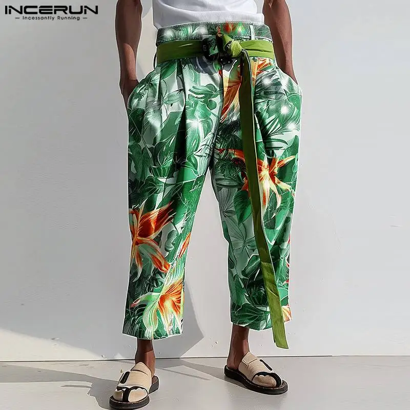 

INCERUN 2024 Korean Style Trousers Men's Personality Flower Leaf Printing Long Pants Casual Streetwear All-match Pantalons S-5XL