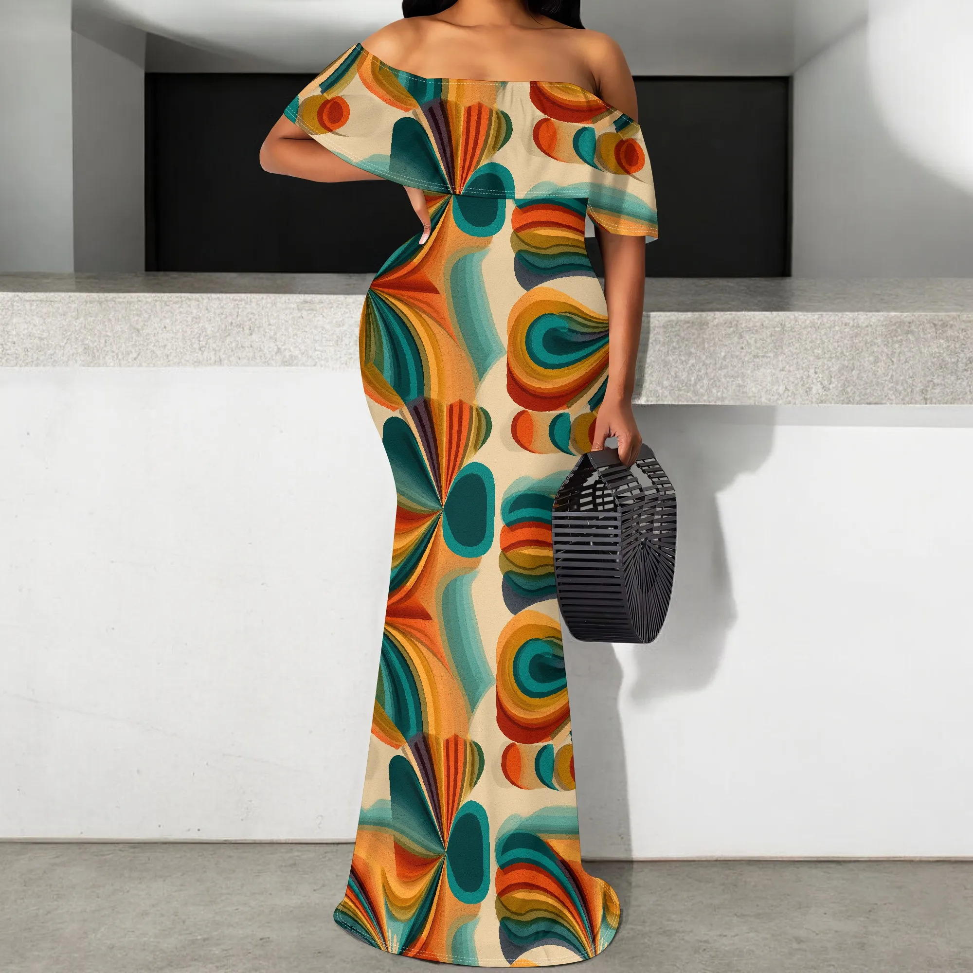 

Retro Wave Print Maxi Dress S-3XL Off Shoulder Vintage Vibe Long Dress for African American Women Summer Party Wear