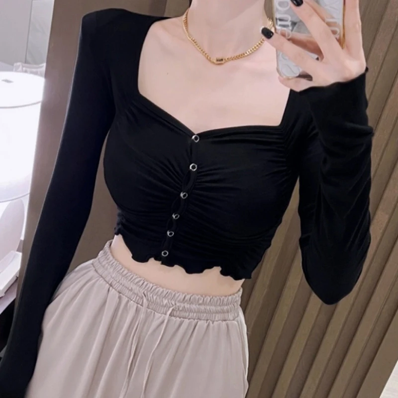 Slimming Effect Long Sve ort T-irt Dongda Gate oulder Pad Square Collar Sexy Pleated Women's Flavor Trendy Top