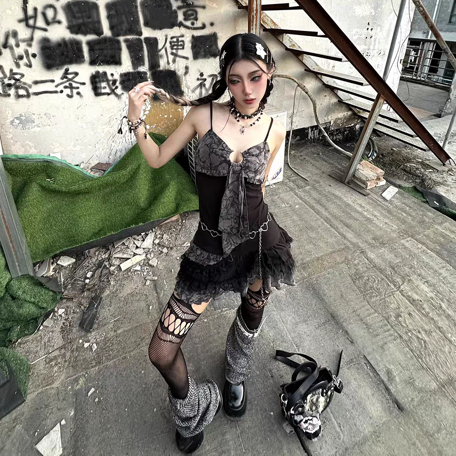 Sexy A-line Short Dress Girl Streetwear Punk Hotsweet City Goth Clothing Y2K Summer Coquette Top 2000s Party Skirt Sling Dresses