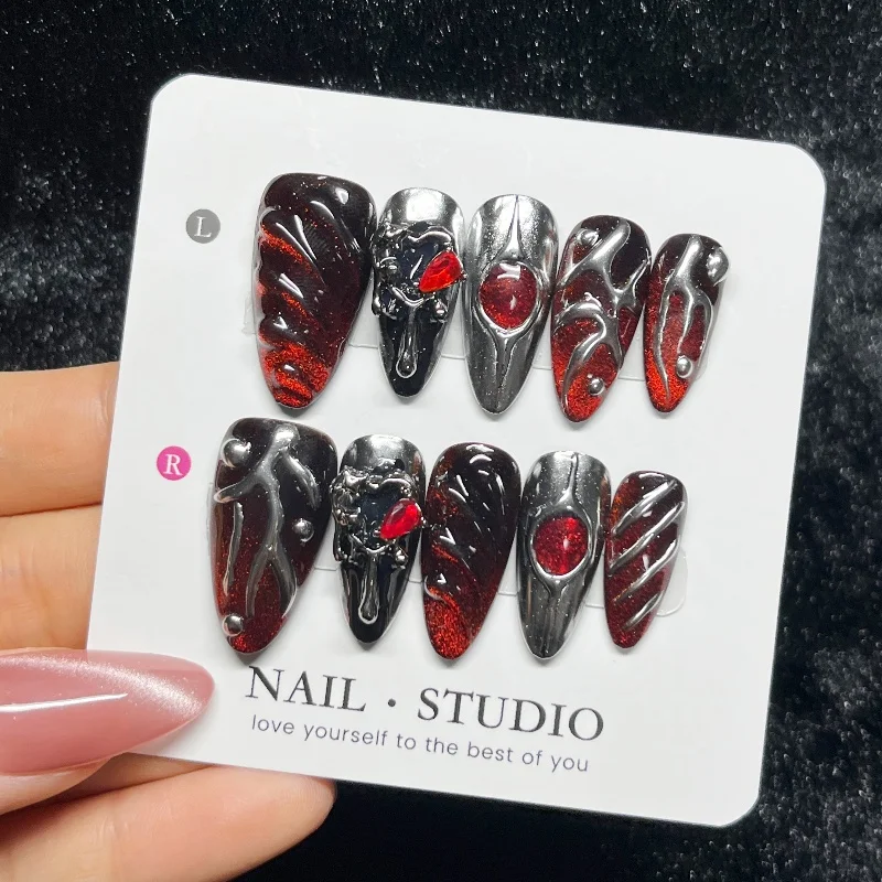 

10PCS Gothic Dark Red Cat Eye French Press on Nails 3D Metallic Silver Design Sweet Cool Gemstone Almond Handmade Fake Nails Art